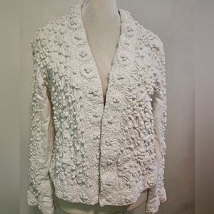 Vintage Lim's Textured Ivory Crochet-Style Jacket L Linen Luxury